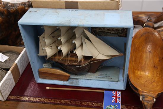 A collection of twenty one Pitcairn Islands souvenir carved hardwood models, diorama 15in.